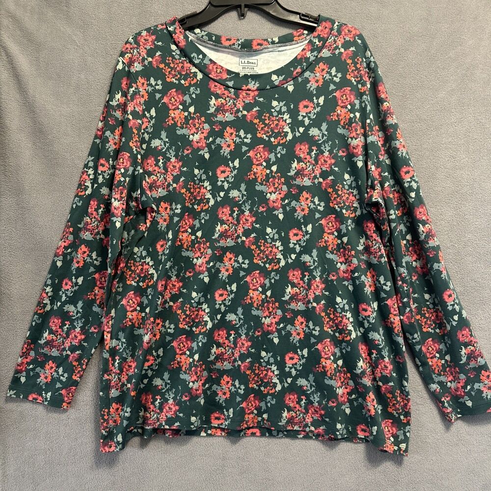 LL Bean Floral Supima Cotton Mock Neck Top Plus Size 2X Green Long‎ Sleeve